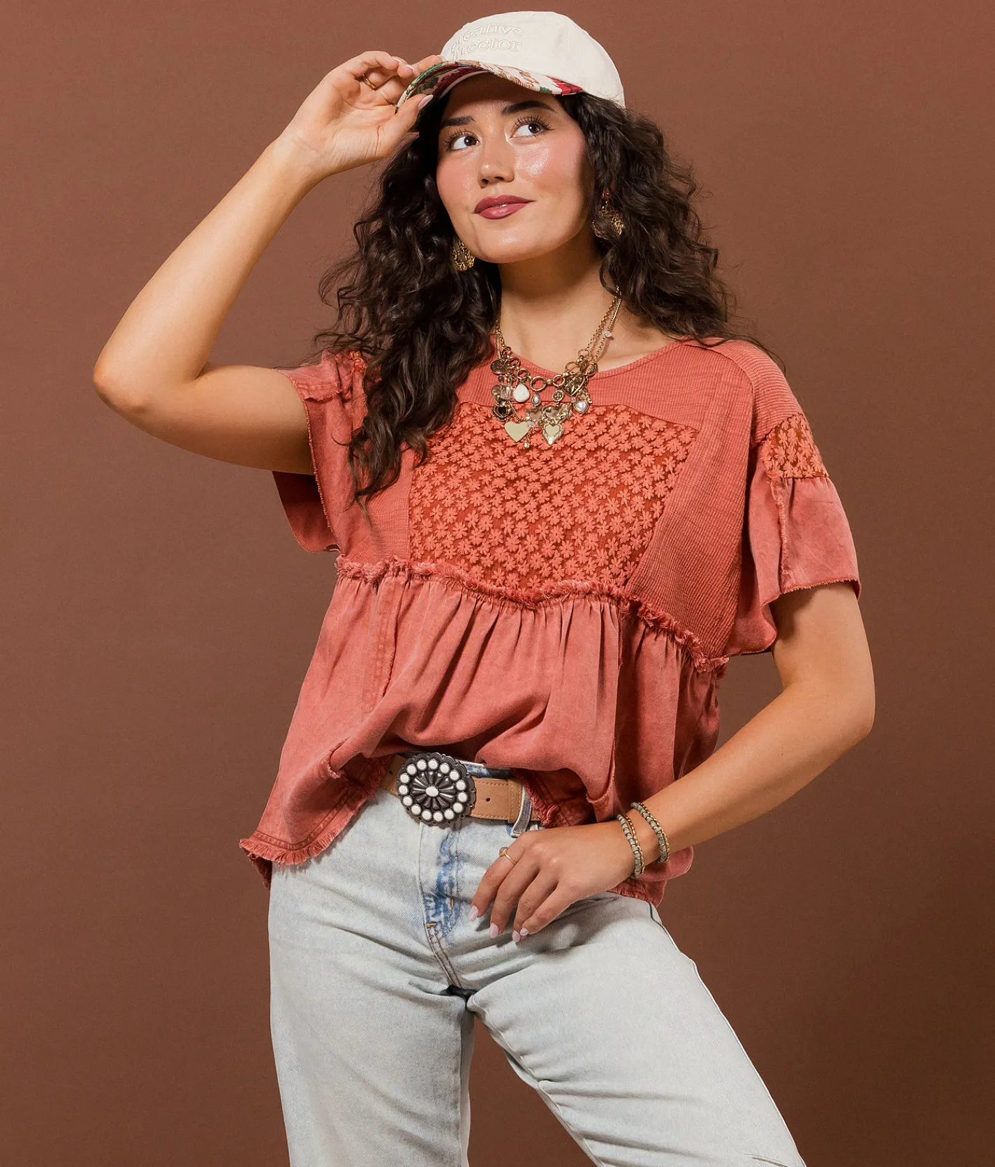Gimmicks Embroidered Floral Top Light Mahogany Clearance