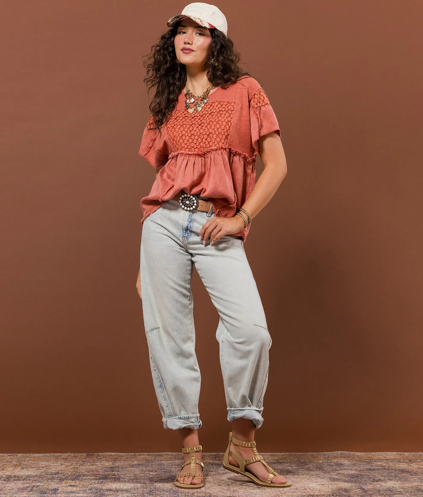 Gimmicks Embroidered Floral Top Light Mahogany Clearance