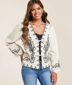 Willow & Root Embroidered Front Tie Top Cream Outlet