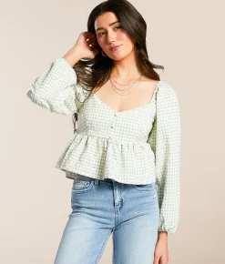Willow & Root Embroidered Gingham Cropped Top Mint Hot