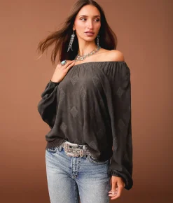 Sterling & Stitch Embroidered Hanky Top Washed Black New