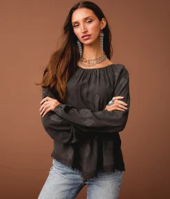 Sterling & Stitch Embroidered Hanky Top Washed Black New