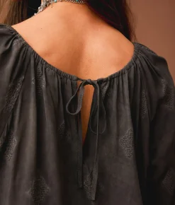Sterling & Stitch Embroidered Hanky Top Washed Black New