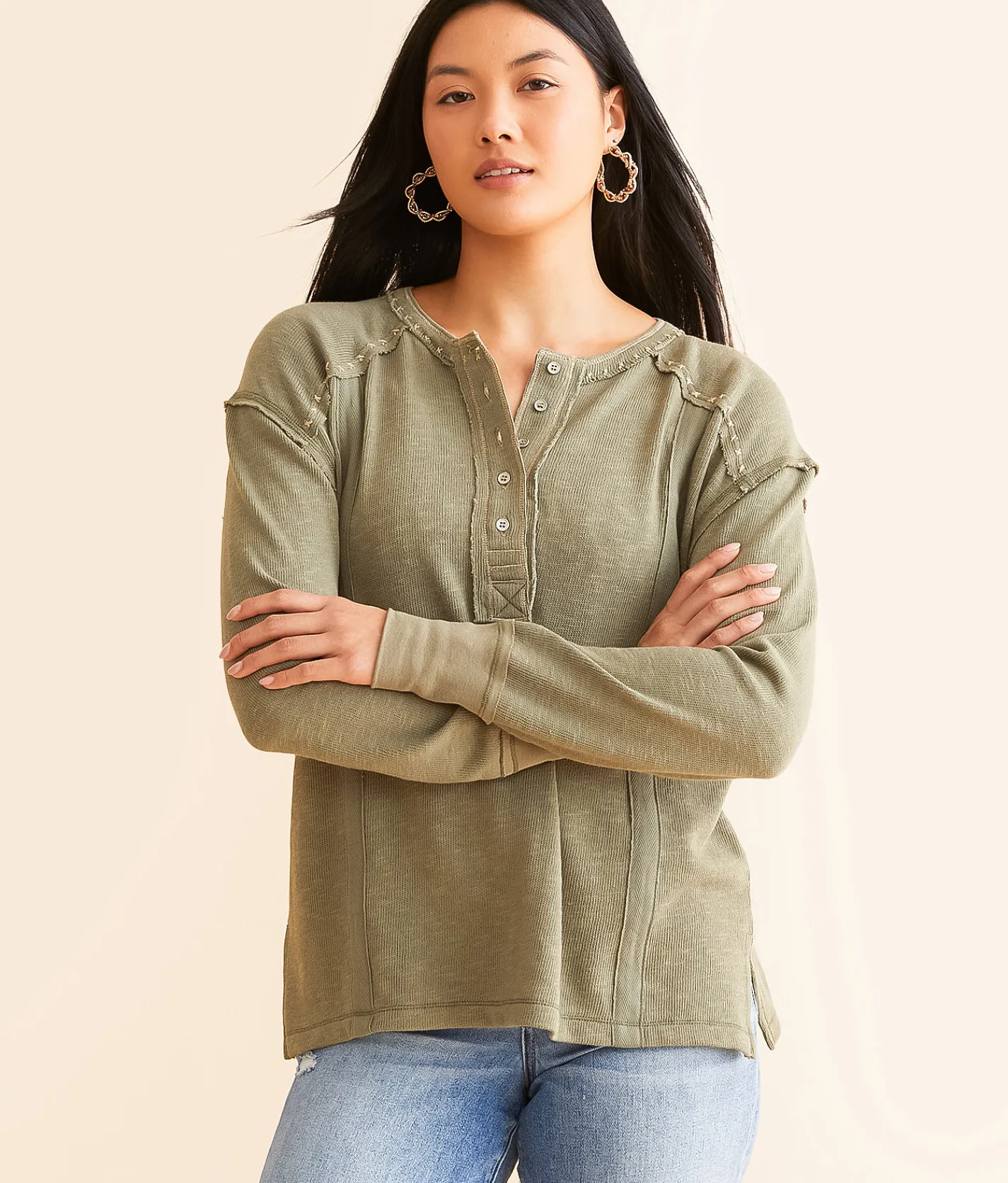 Tops | BKE Embroidered Henley Olive