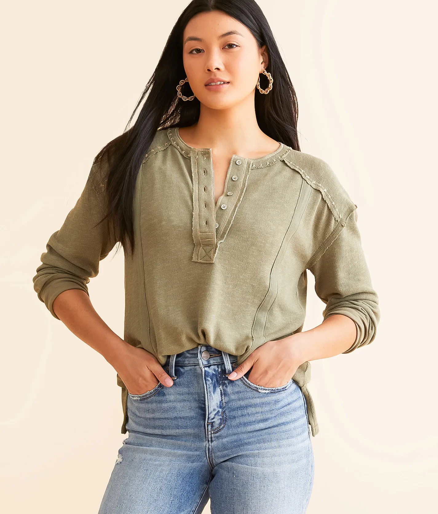 Tops | BKE Embroidered Henley Olive