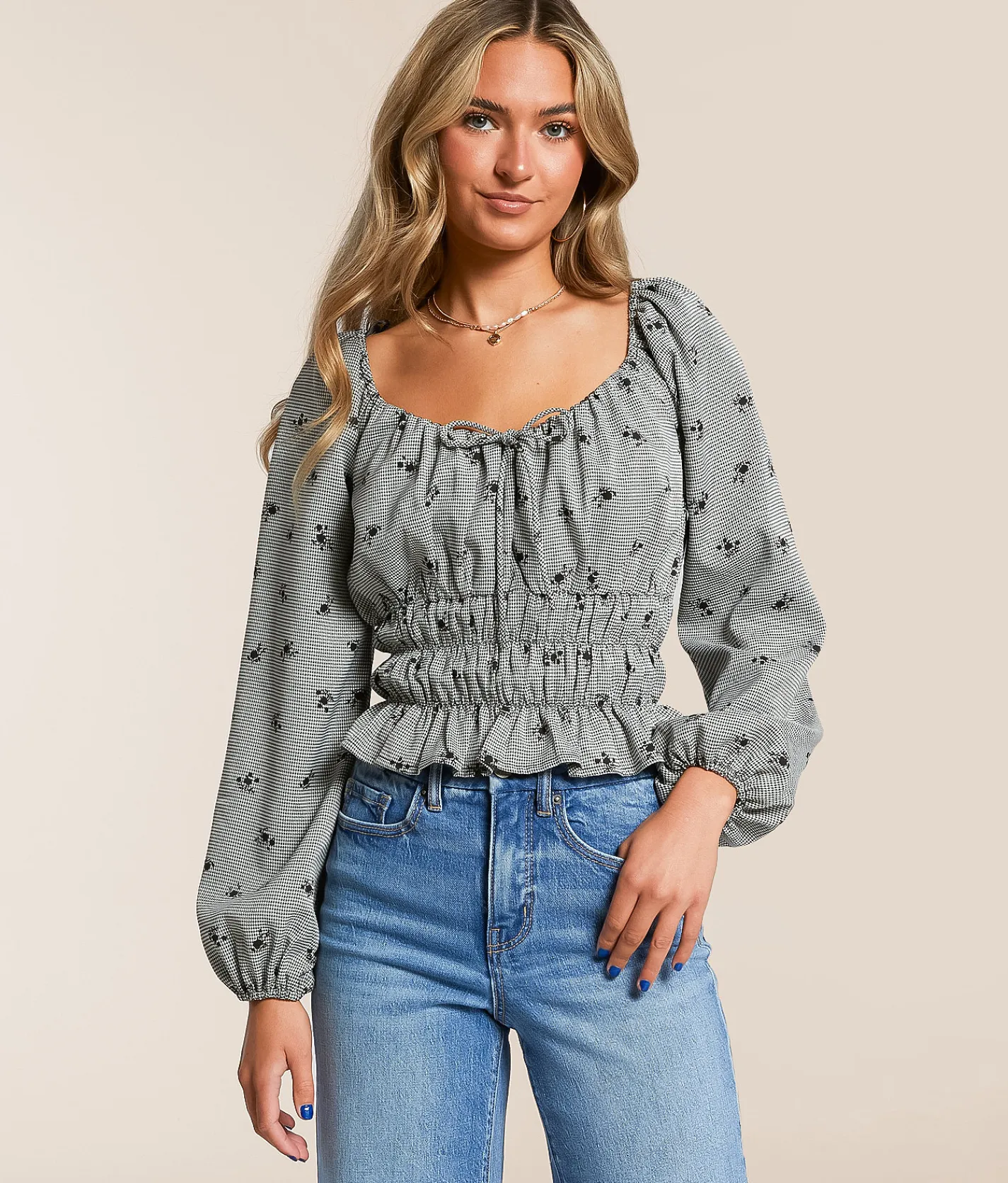 Tops | Willow & Root Embroidered Houndstooth Top Black