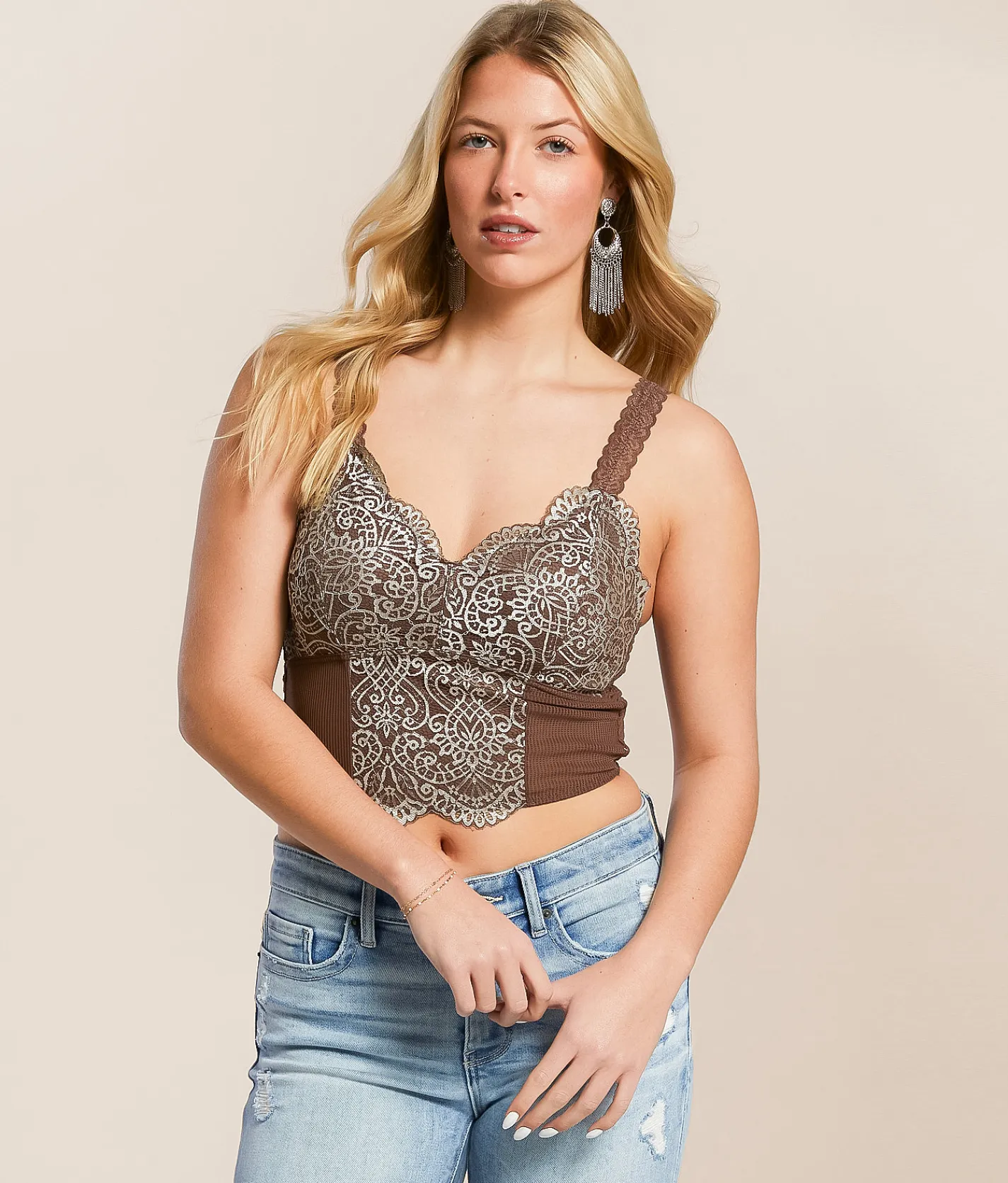 BKE core Embroidered Lace Full Coverage Bralette Brown Silver Discount