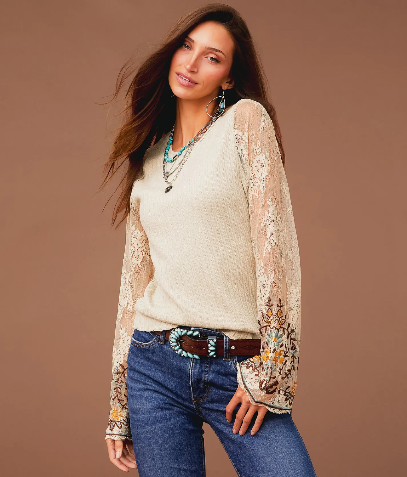 Tops | Sterling & Stitch Embroidered Lace Top Cobblestone