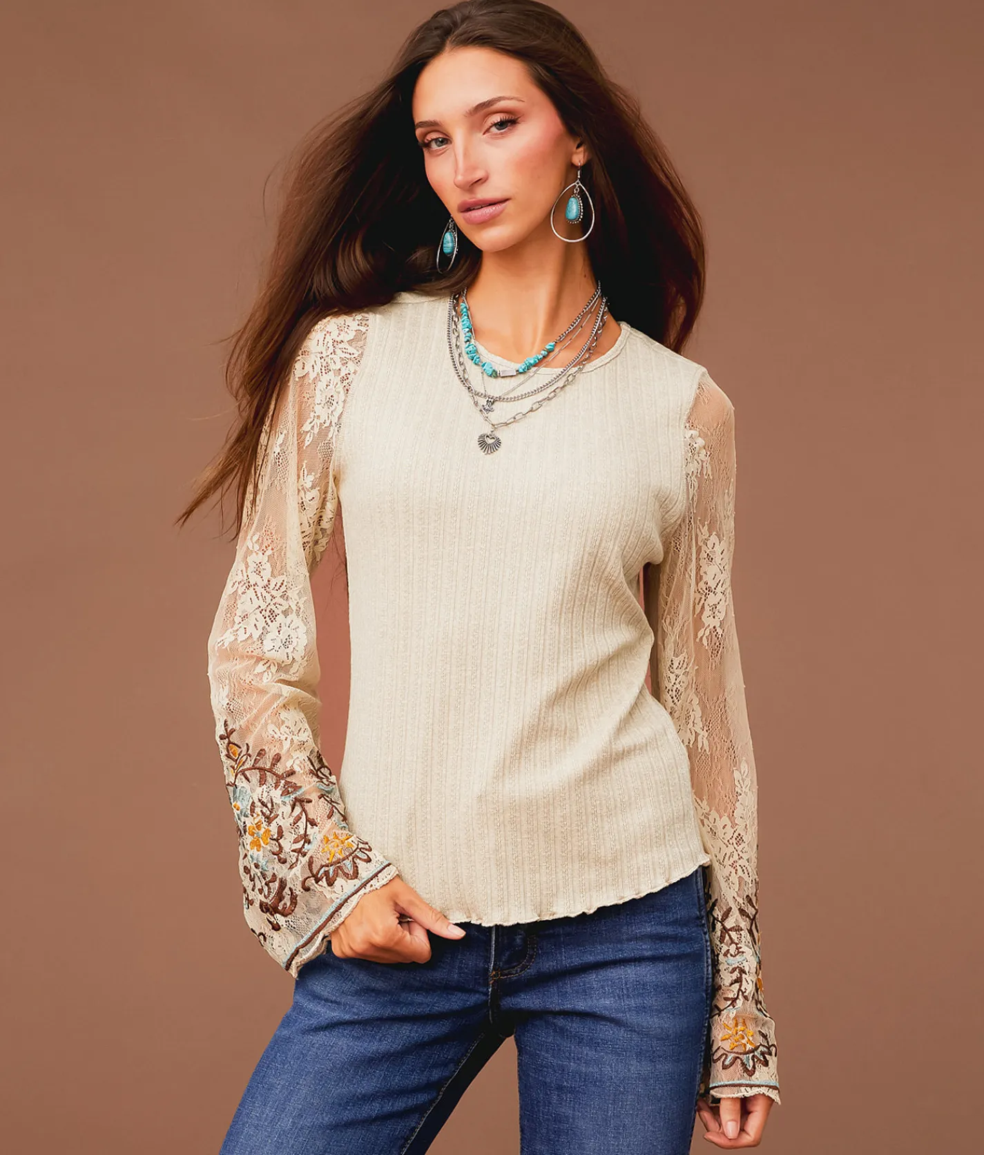 Tops | Sterling & Stitch Embroidered Lace Top Cobblestone