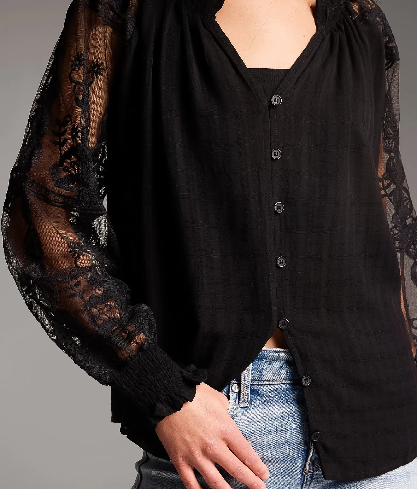 BKE Embroidered Mesh Blouse Black Discount