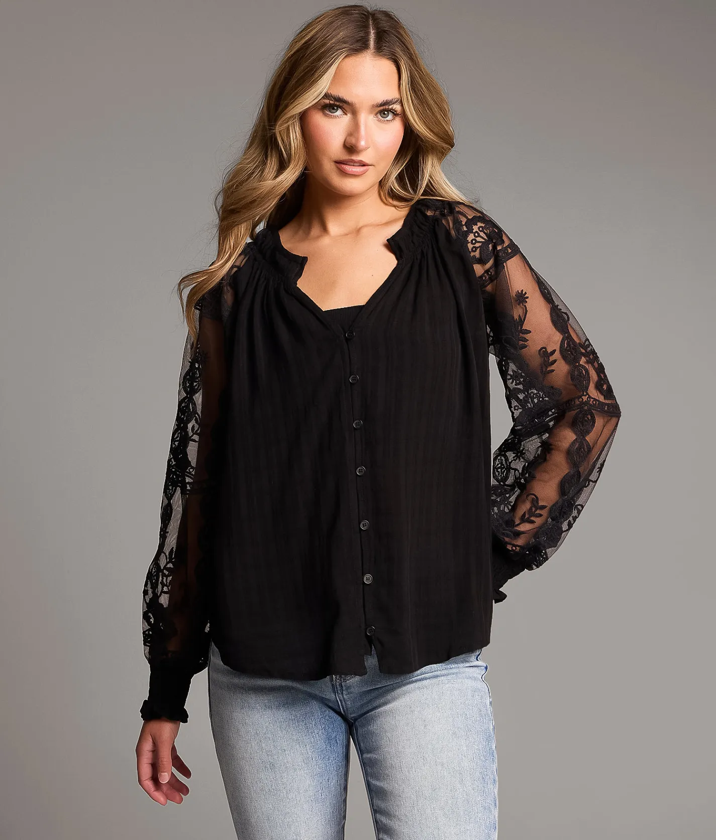 BKE Embroidered Mesh Blouse Black Discount
