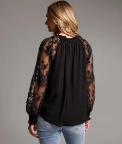 BKE Embroidered Mesh Blouse Black Discount