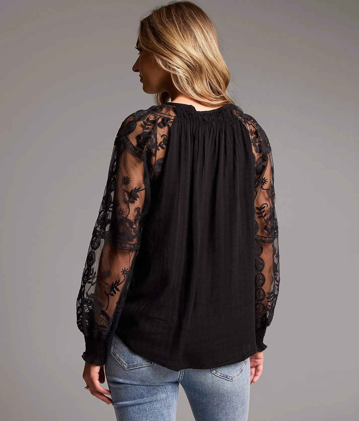BKE Embroidered Mesh Blouse Black Discount