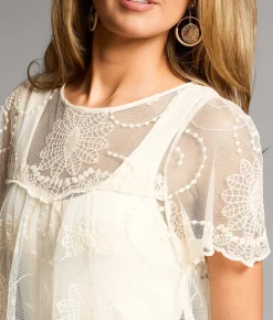 Tops | BKE Embroidered Mesh Top Cream