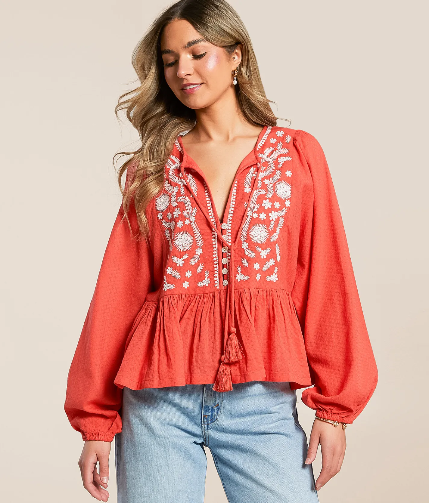 En Creme Embroide Peplum Top Red Best