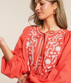 En Creme Embroide Peplum Top Red Best