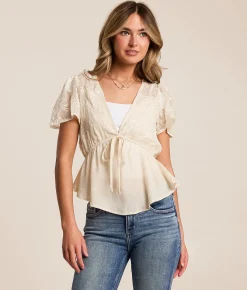 Tops | Daytrip Embroidered Peplum Top Cream