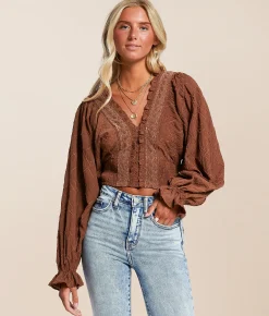 Tops | Miss Me Embroidered Ruffle Top Chocolate Brown
