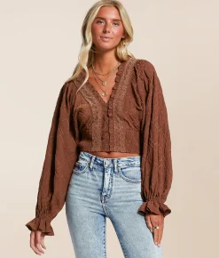 Tops | Miss Me Embroidered Ruffle Top Chocolate Brown