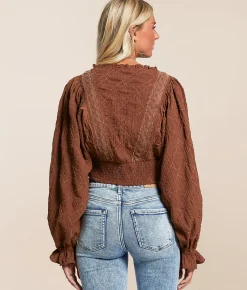 Tops | Miss Me Embroidered Ruffle Top Chocolate Brown