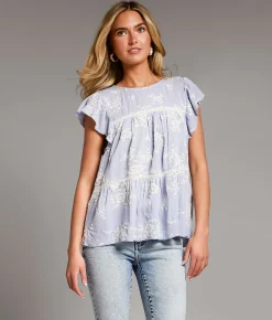 Tops | BKE Embroidered Ruffle Top Blue
