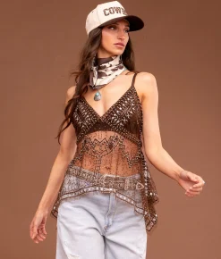 Sterling & Stitch Embroidered Sequin Mesh Tank Top Mustang Sale
