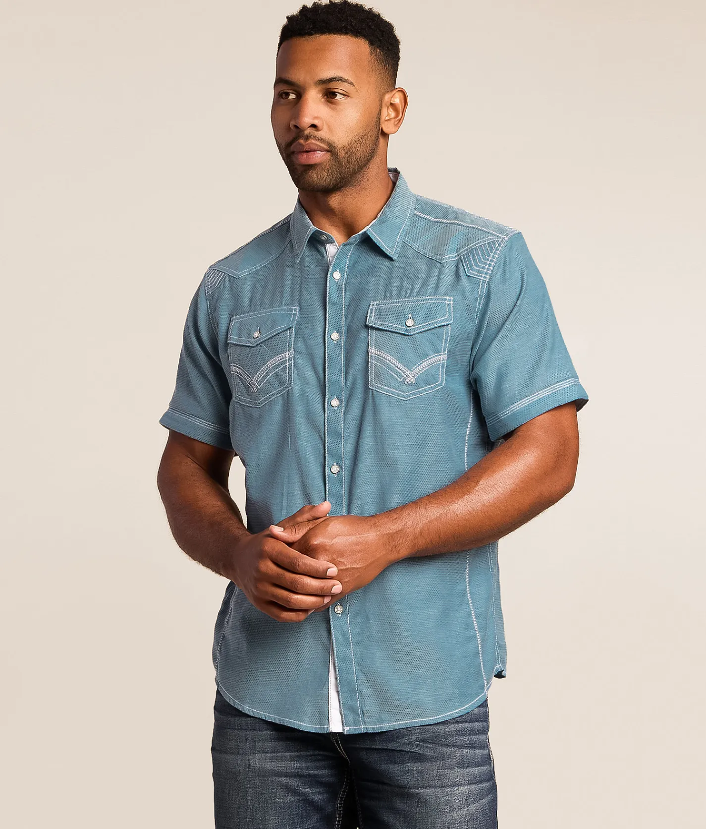 Tops | Buckle Black Embroidered Standard Stretch Shirt Teal