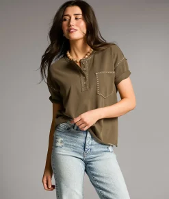 BKE Embroidered Stitch Henley Green Outlet