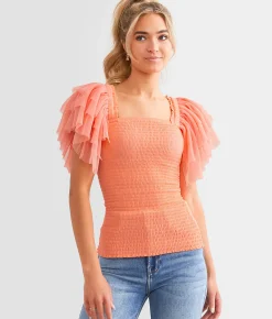 Tops | Veveret Exaggerated Mesh Ruffle Sleeve Top Desert Flower