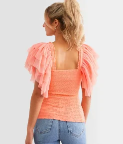 Tops | Veveret Exaggerated Mesh Ruffle Sleeve Top Desert Flower