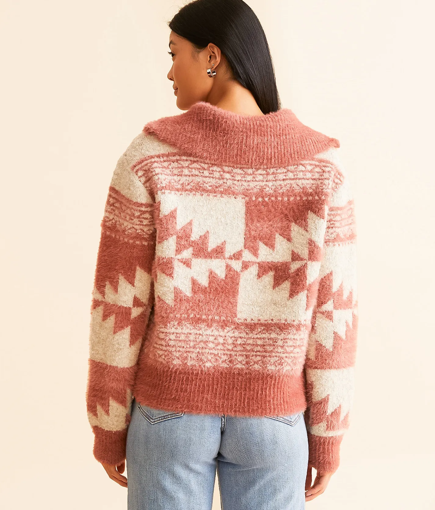 Tops | Miss Me Eyelash Aztec Sweater Raspberry Pink