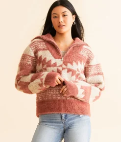 Tops | Miss Me Eyelash Aztec Sweater Raspberry Pink