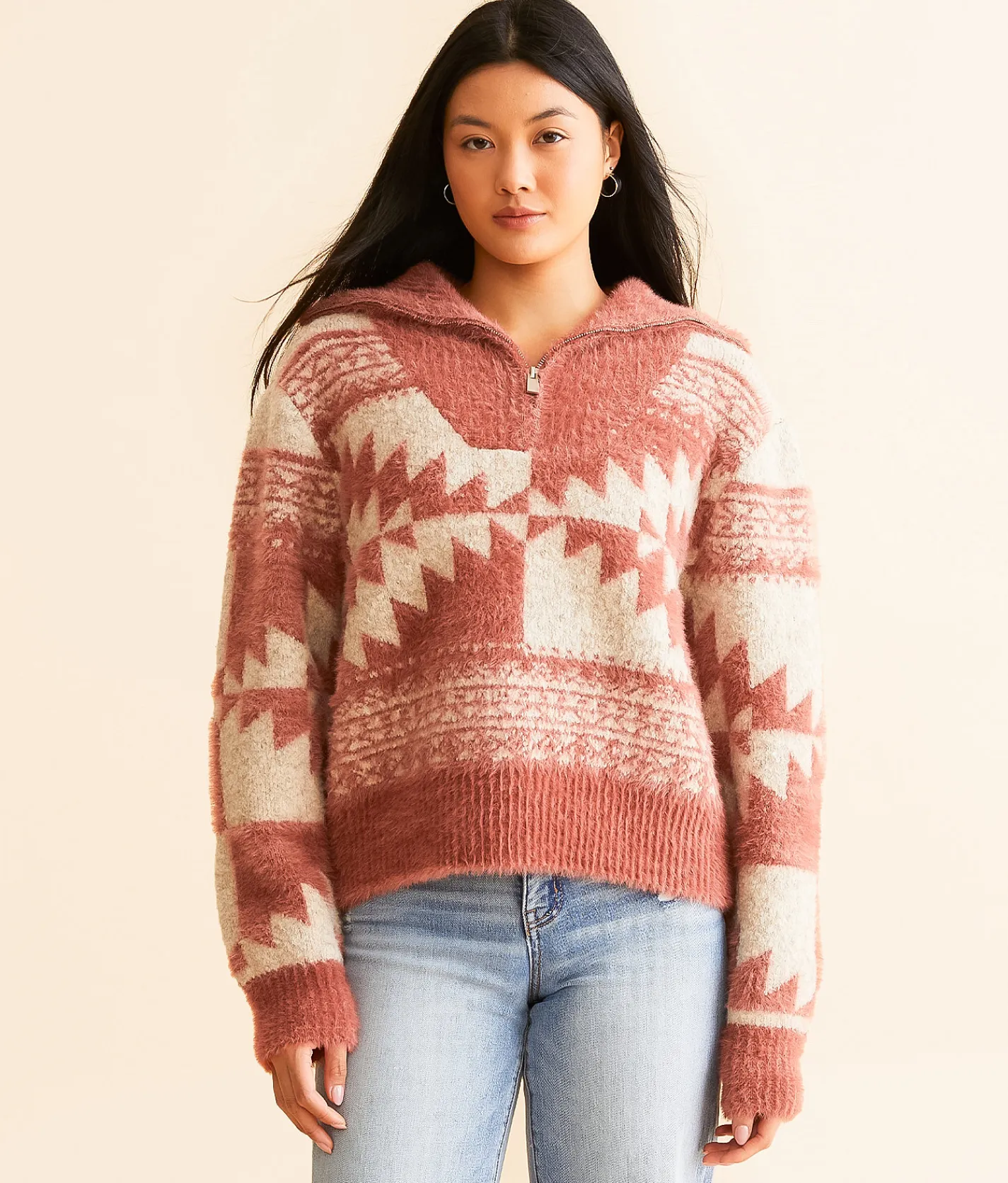 Tops | Miss Me Eyelash Aztec Sweater Raspberry Pink