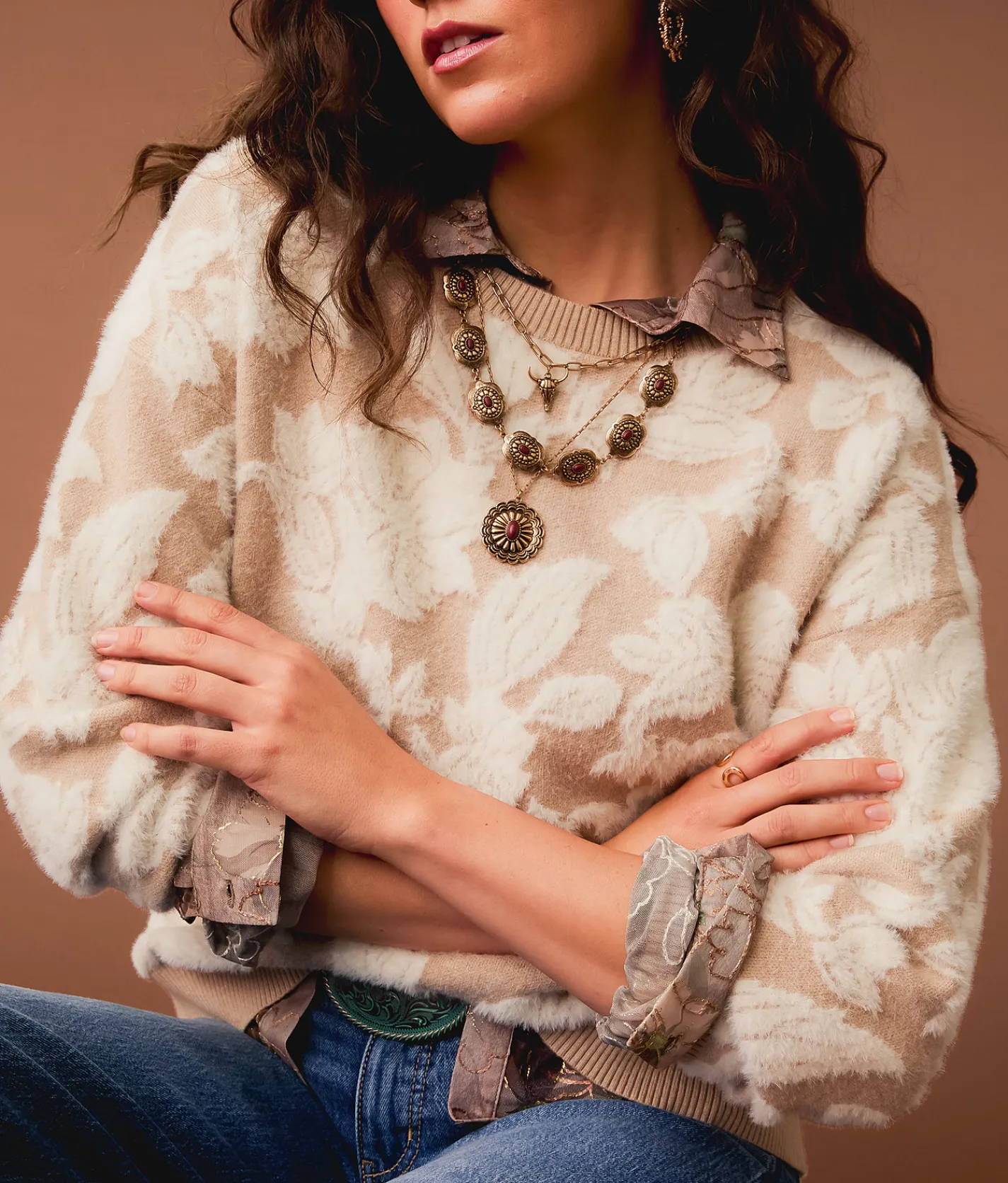 Gimmicks Eyelash Floral Sweater Cream Multi Clearance