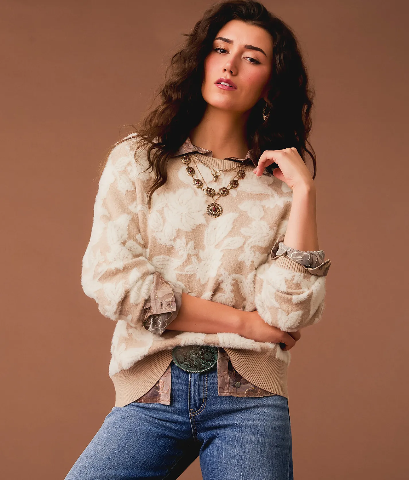 Gimmicks Eyelash Floral Sweater Cream Multi Clearance