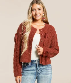 Miss Me Eyelash Lace Cardigan Sweater Russet Red Outlet