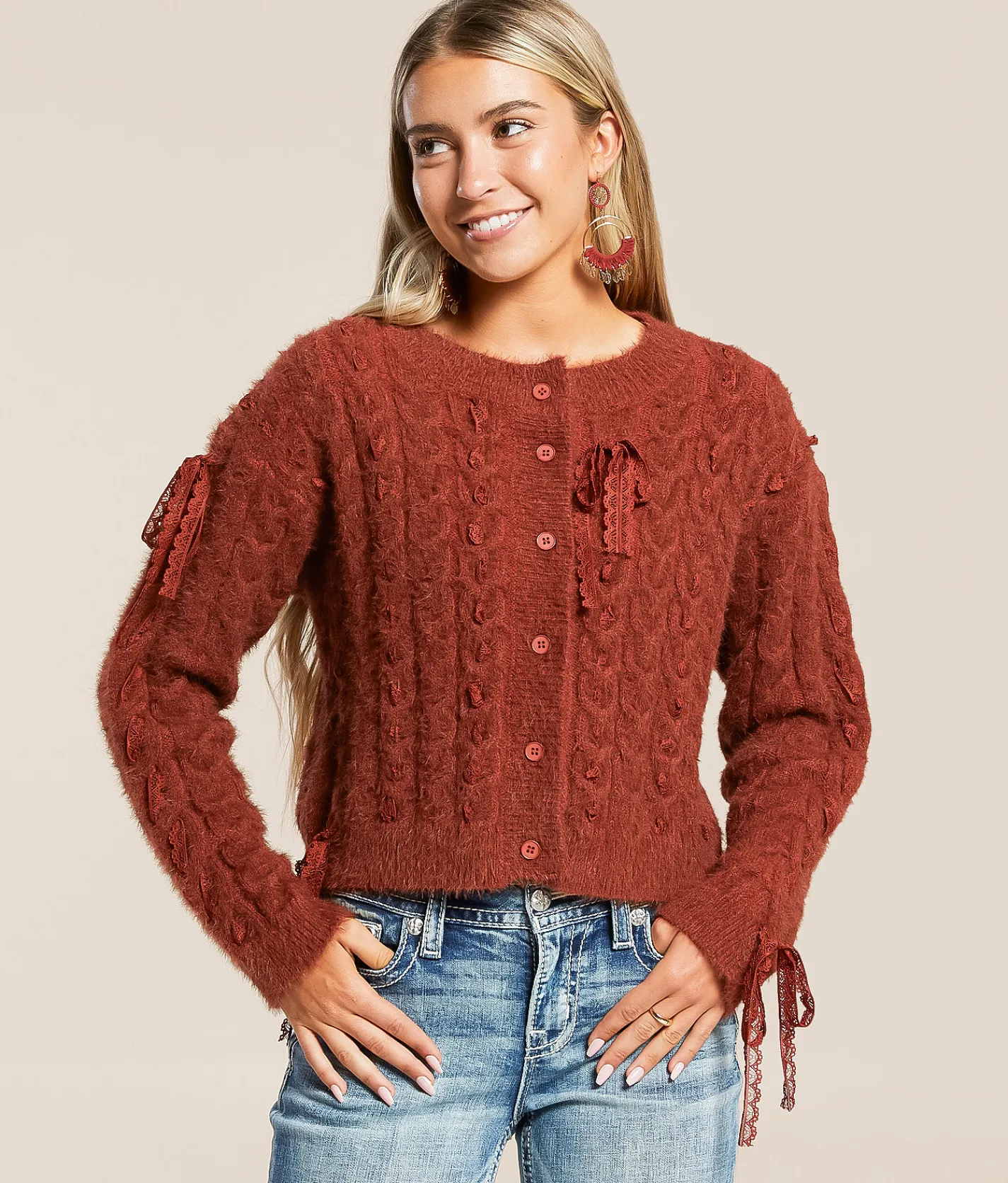Miss Me Eyelash Lace Cardigan Sweater Russet Red Outlet