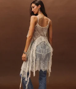 Sterling & Stitch Eyelash Lace Fringe Tank Top Cream Sale