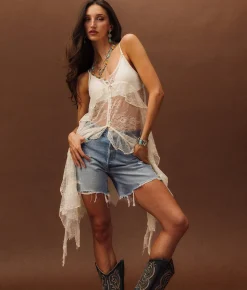 Sterling & Stitch Eyelash Lace Fringe Tank Top Cream Sale