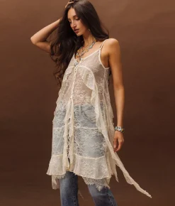 Sterling & Stitch Eyelash Lace Fringe Tank Top Cream Sale