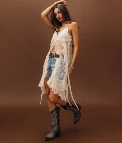 Sterling & Stitch Eyelash Lace Fringe Tank Top Cream Sale
