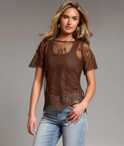 Tops | BKE Eyelash Lace Top Brown