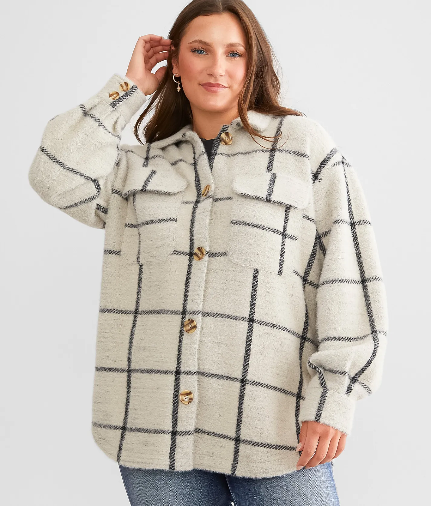 Z Supply Eyelash Plaid Shacket Heather Taupe Clearance