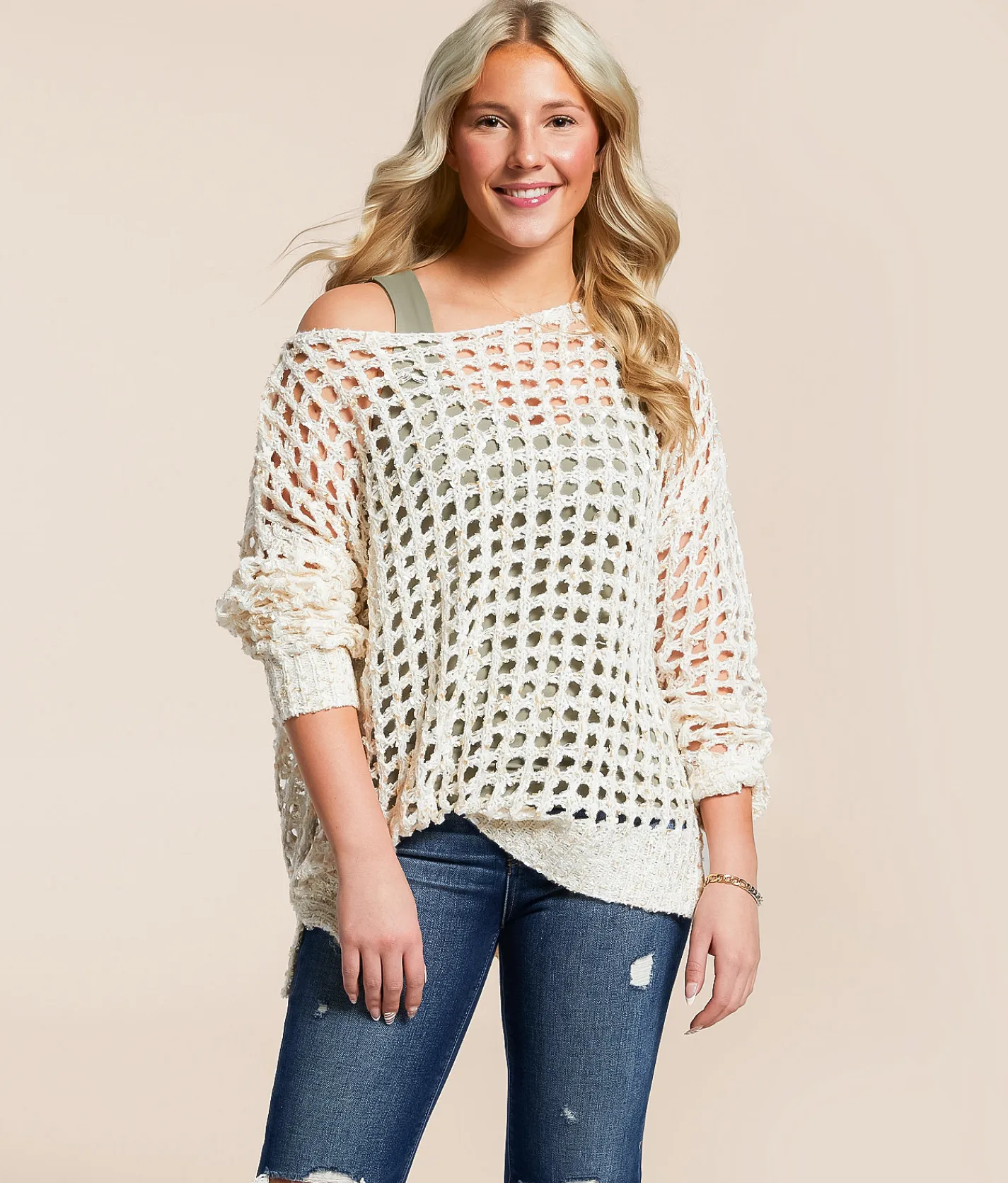 BKE Eyelash Pointelle Sweater Beige Hot