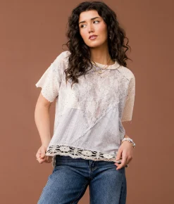 Gimmicks Eyelet Crochet Top Blue Cream Online