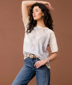 Gimmicks Eyelet Crochet Top Blue Cream Online