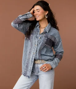 Gimmicks Eyelet Embroidered Chambray Shirt Washed Blue Outlet