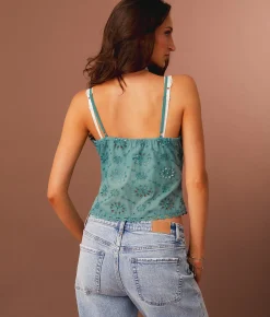 Sterling & Stitch Eyelet Front Tie Tank Top Mineral Blue Online