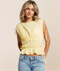 Lush Eyelet Side Tie Peplum Tank Top Yellow