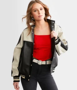 Blu Pepper Faux Leather Color Block Jacket Pink Sale